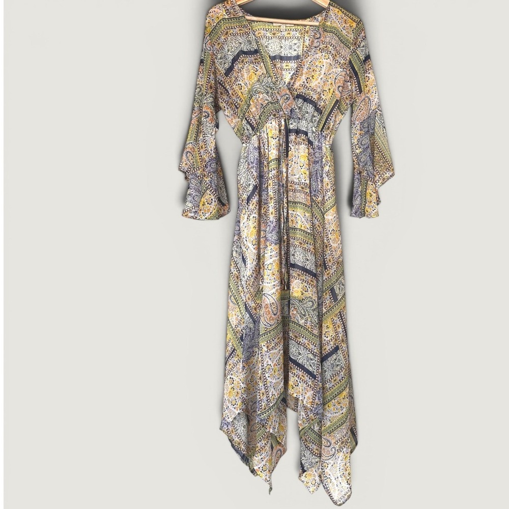 Paisley Print Sheer V-Neck Handkerchief Hem Dress Yellow Purple Pet. Large Boho